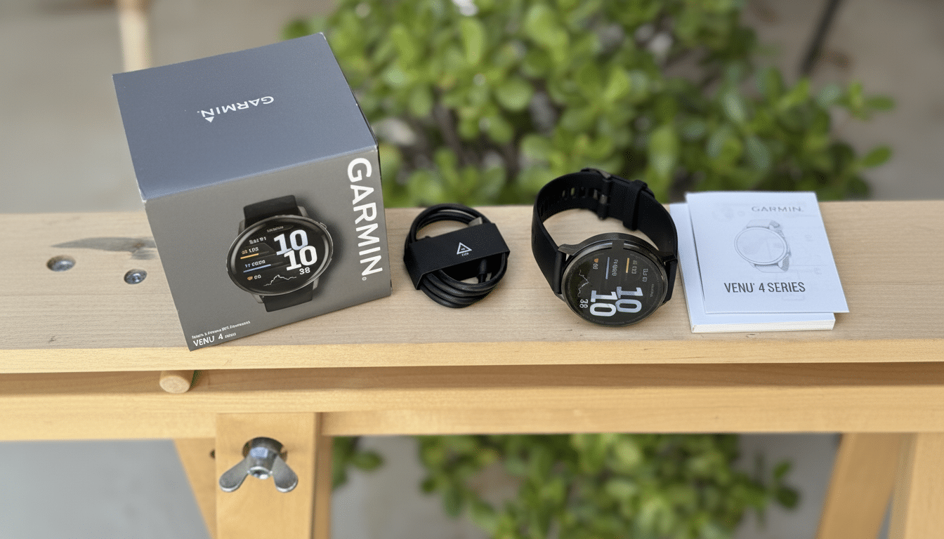 A Garmin Venu 4 Series smartwatch and its packaging, along with the charger and manual , displayed on a wooden surface with a green plant in the background. Filename : garmin venu4 smart watchun boxing.png