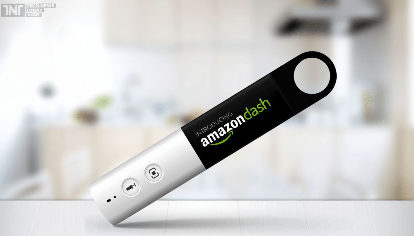 A 16: 9 aspect ratio image of the Amazon Dash button, a small white and black device, presented on a subtle white surface with a blurred background of