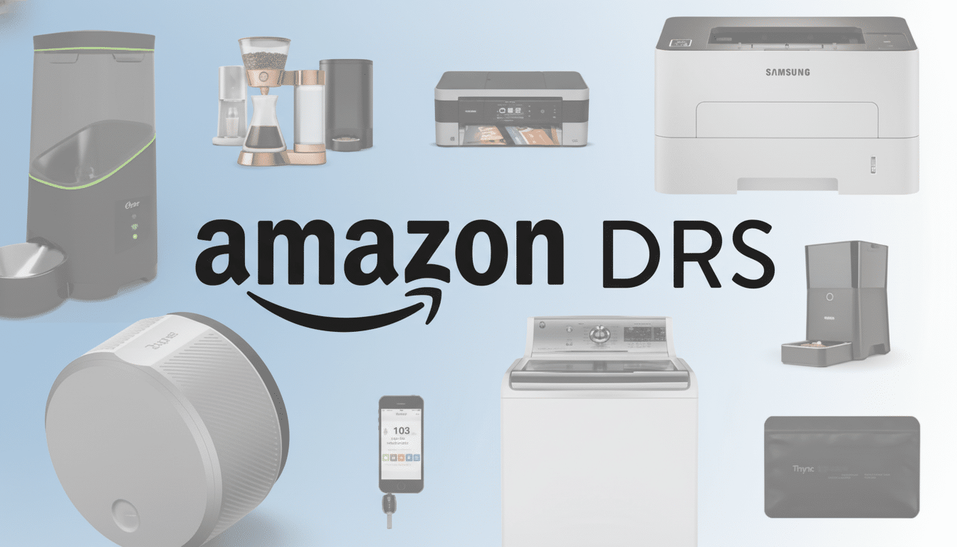 A professional presentation of Amazon DRS, featuring various smart home and office devices like a pet feeder, coffee maker, printers, smart lock, wash