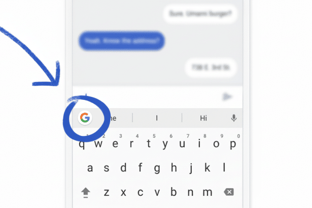 Screenshot of a mobile phone' s keyboard with a Google logo button circled in blue, and an arrow pointing to it .