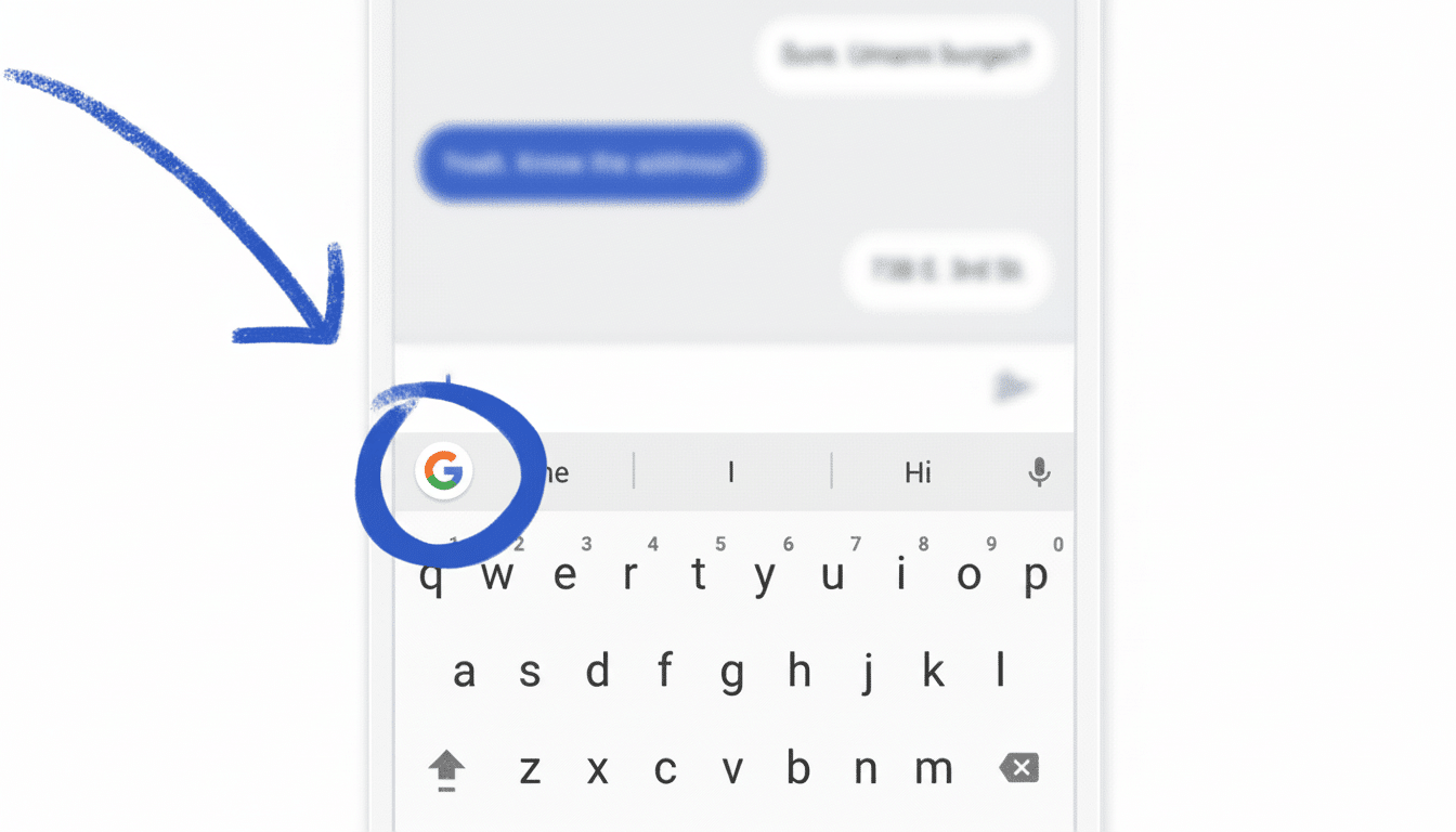 Screenshot of a mobile phone' s keyboard with a Google logo button circled in blue, and an arrow pointing to it .