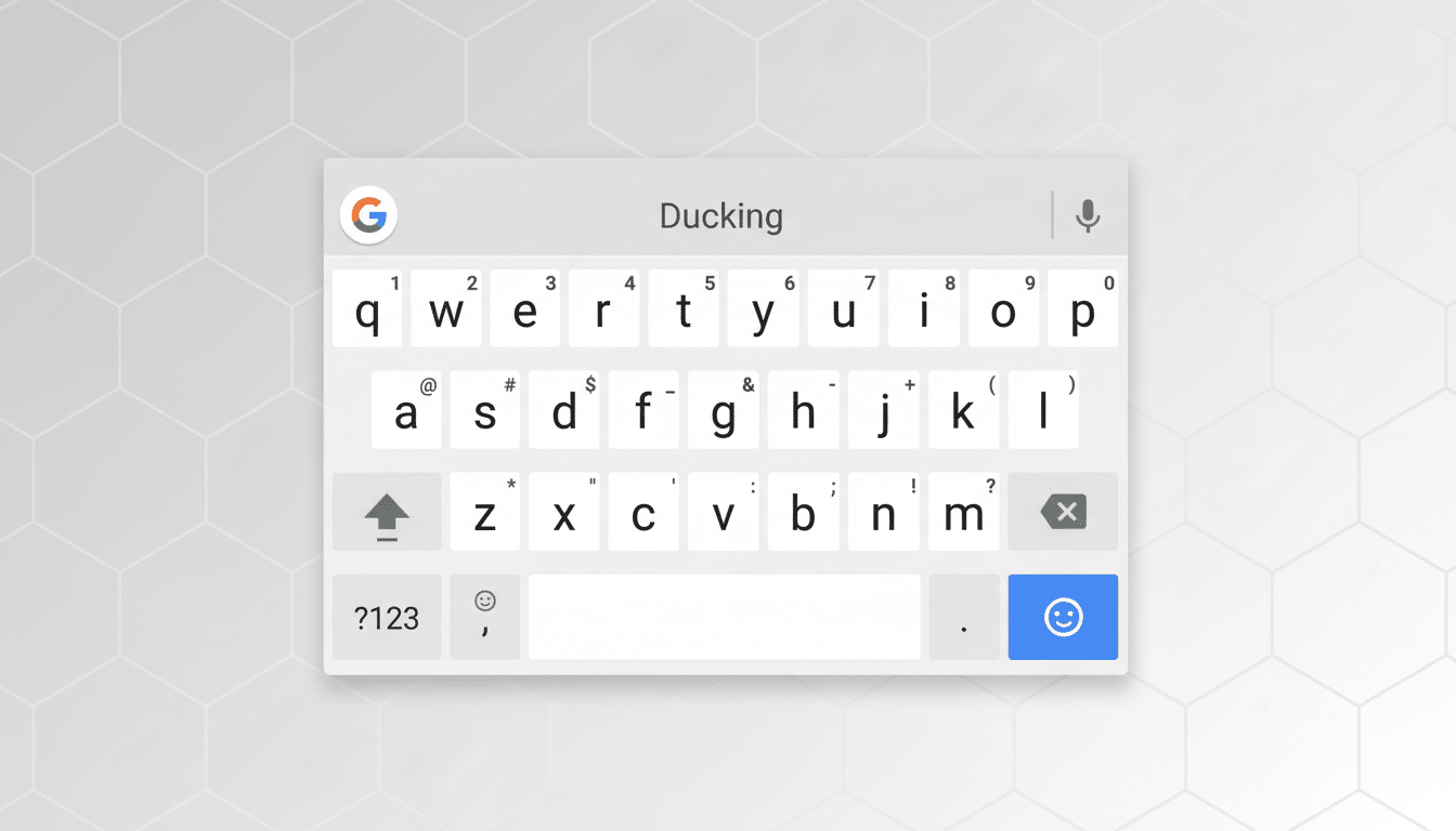 A professional flat design image of a smartphone keyboard with Ducking typed in the search bar. The background is a soft gray with a subtle hexagonal pattern , and the keyboard remains original and unchanged. Filename : smartphone keyboardduck ing. png