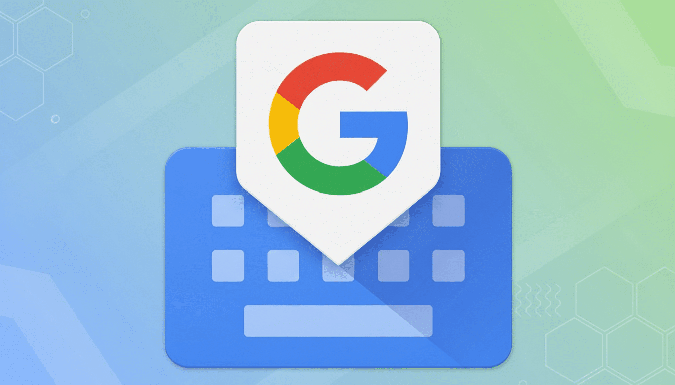 The G board logo, featuring a blue keyboard icon with the colorful Google ' G' symbol emerging from it , set against a professionally enhanced background with soft geometric patterns and a gradient. Filename : gboard logoenhanced. png