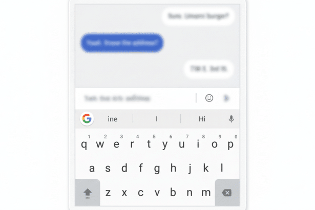 A professional screenshot showing a mobile messaging app with a keyboard visible . The Google G board logo is circled.