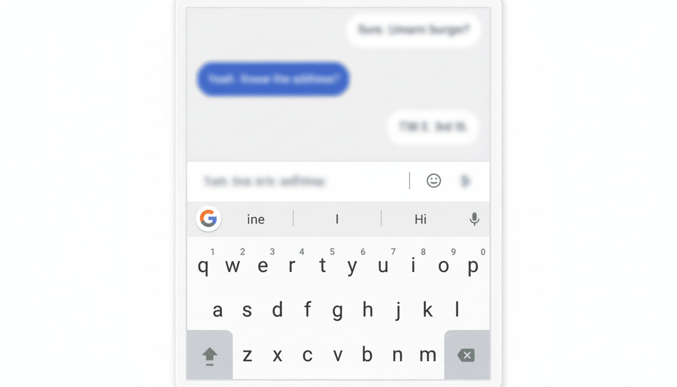 A professional screenshot showing a mobile messaging app with a keyboard visible . The Google G board logo is circled.