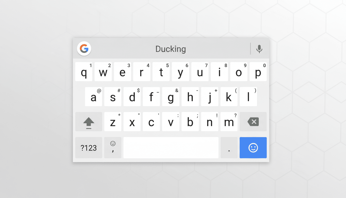 A professional depiction of a smartphone keyboard displaying the word D ucking in the search bar, with a subtly patterned grey background. Filename : smartphone keyboardduck ing1 69. png