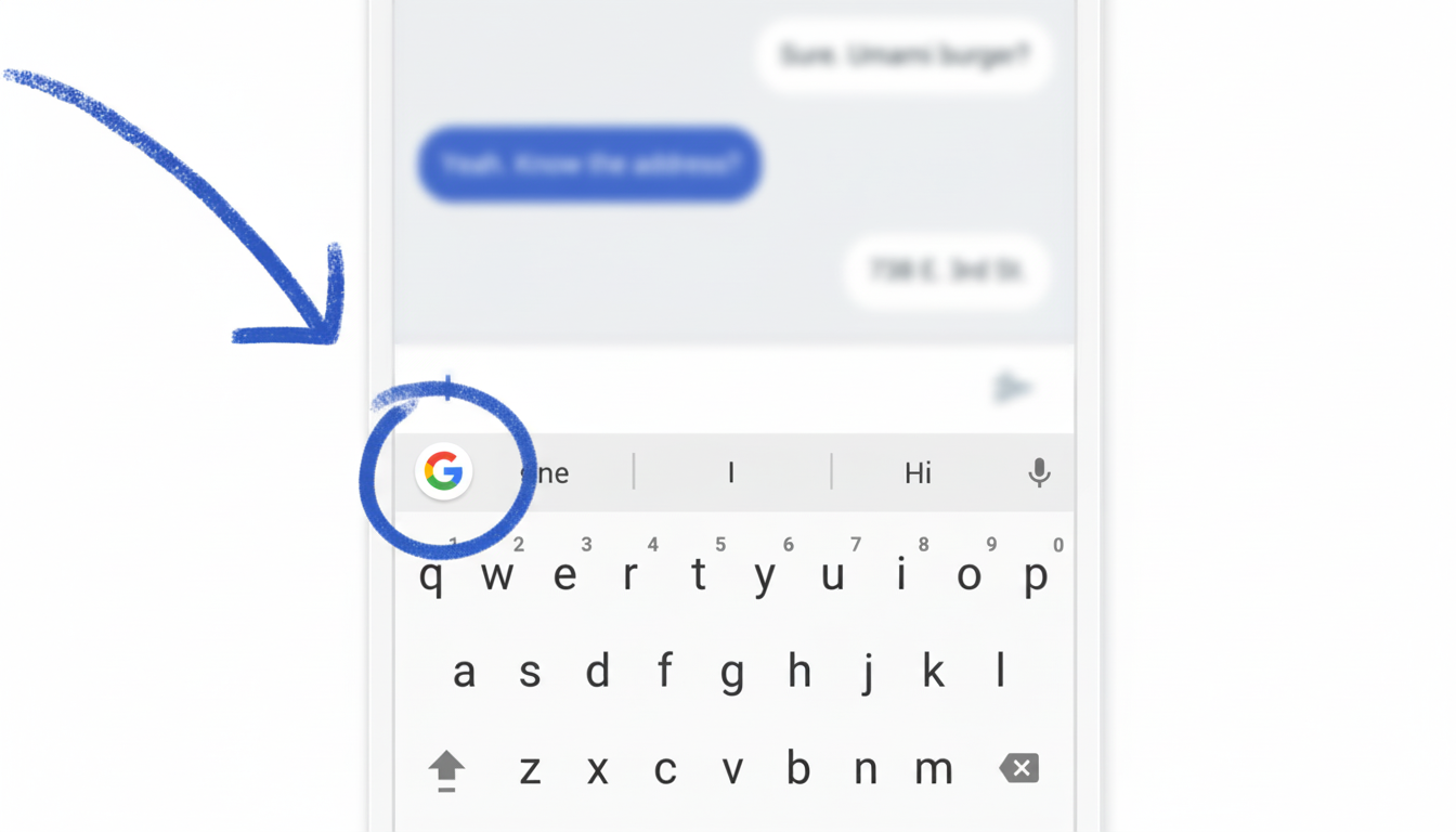 A screenshot of a mobile phone keyboard with a blue arrow pointing to the Google G icon.