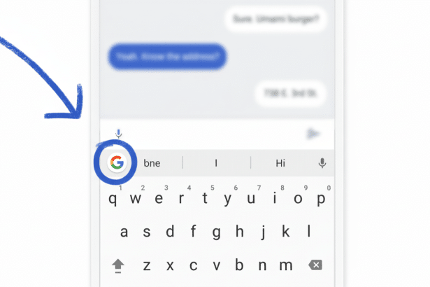 A screenshot showing a keyboard with a Google icon and an arrow pointing to it, resized to 16: 9.