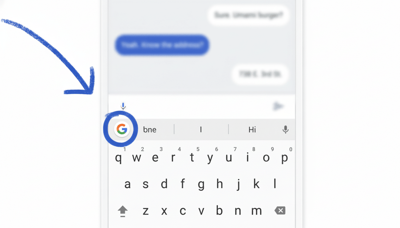 A screenshot showing a keyboard with a Google icon and an arrow pointing to it, resized to 16: 9.