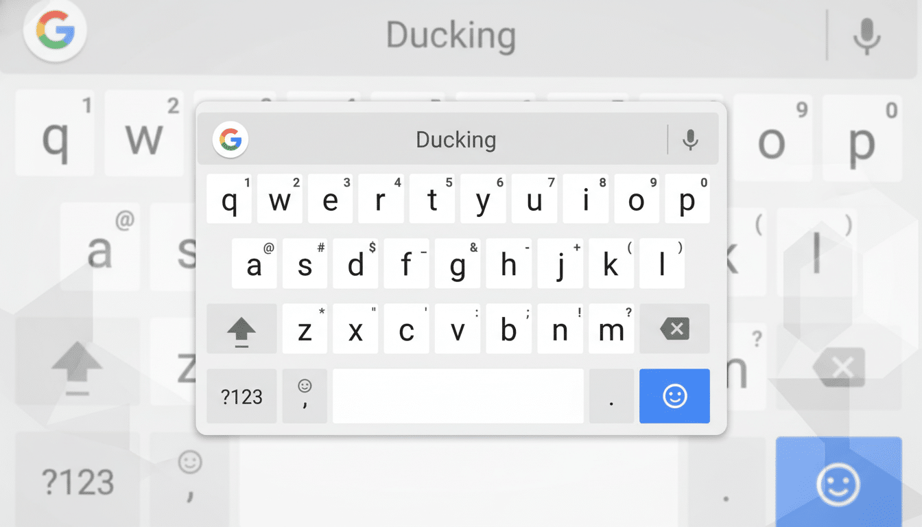 Screenshot of a mobile phone keyboard with the word Ducking typed into the search bar, resized to a 16: 9 aspect ratio with a subtle patterned backgro