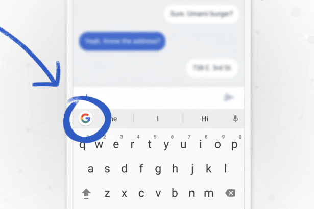 A close-up of a smartphone screen showing a Gboard keyboard with the Google ' G' icon circled in blue, and a blue arrow pointing to it, on a subtle geometric pattern background. Filename : gboard google iconhighlight ed.png
