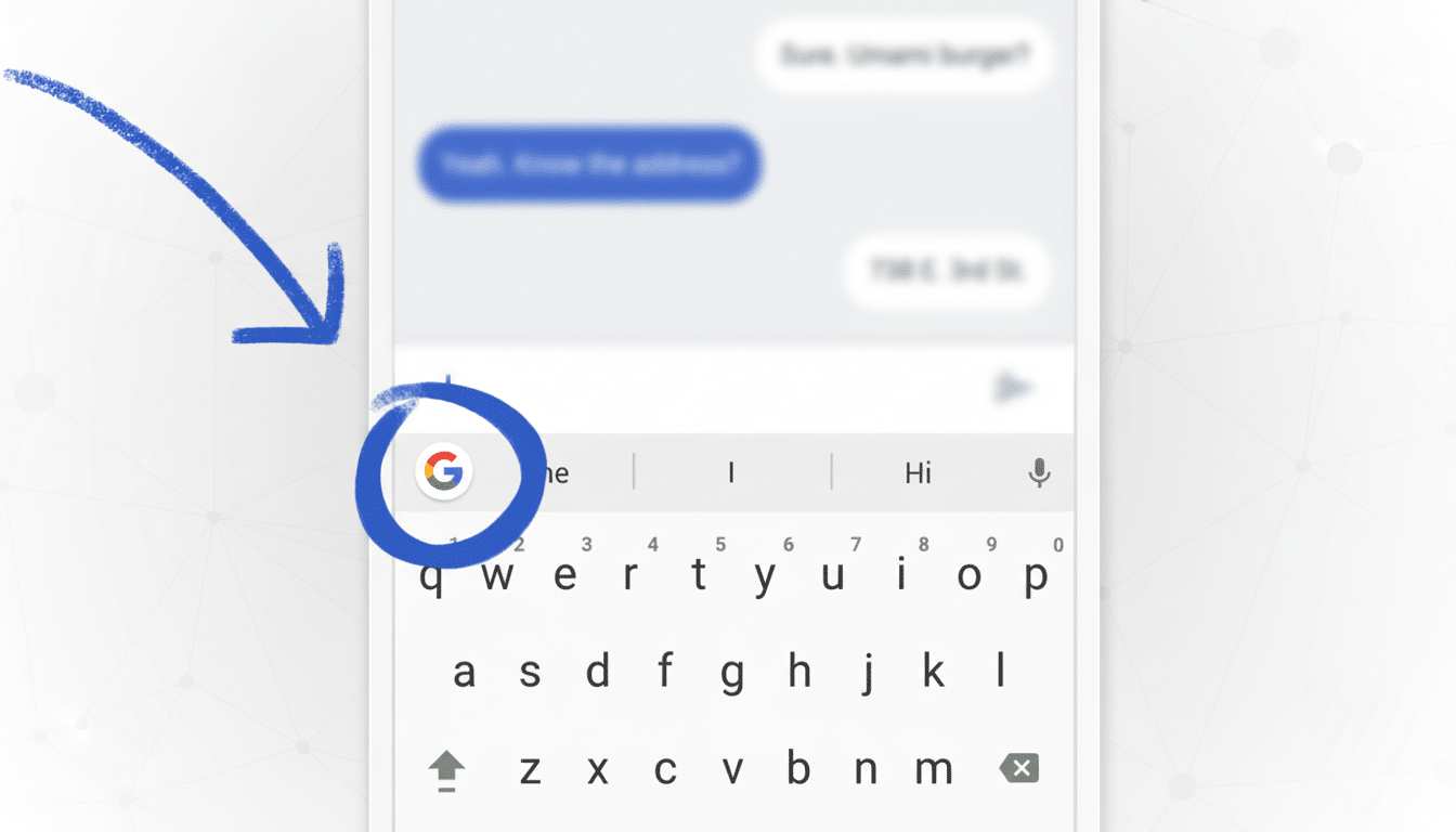 A close-up of a smartphone screen showing a Gboard keyboard with the Google ' G' icon circled in blue, and a blue arrow pointing to it, on a subtle geometric pattern background. Filename : gboard google iconhighlight ed.png