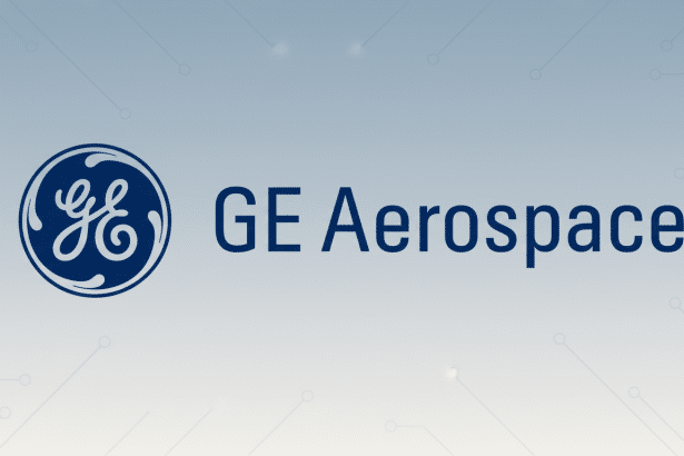 GE Aerospace logo with a professional , soft gradient background featuring subtle circuit board patterns .