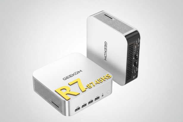 Two compact , silver and black G EEKOM mini PCs , labeled R7-8 745HS , are displayed on a professional flat background with a subtle gradient.