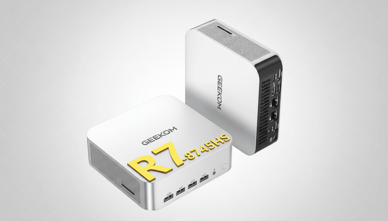 Two compact , silver and black G EEKOM mini PCs , labeled R7-8 745HS , are displayed on a professional flat background with a subtle gradient.