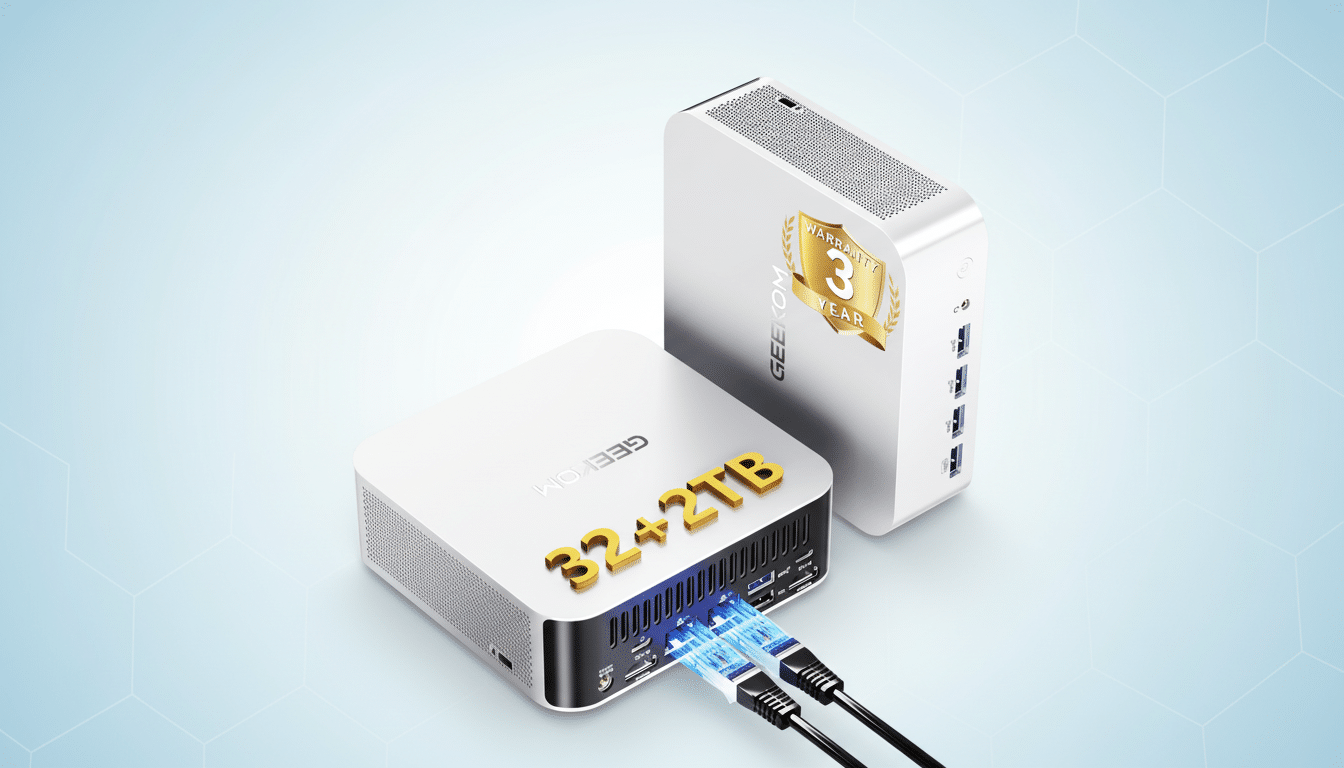 GE EKOM Mini PC set with a clean , light blue geometric background. Filename : geekom minipc set.