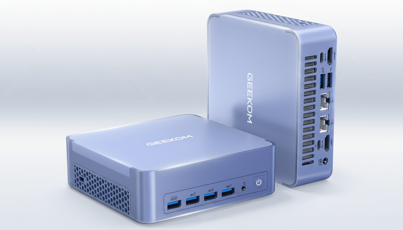 Two lavender - colored GEEKOM mini PCs are shown, one lying flat and the other standing upright behind it, showcasing their various ports and sleek design on a professional light background with subtle geometric patterns .