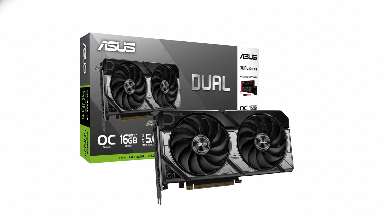 A 16:9 aspect ratio image of an ASUS Dual series GeForce RTX 5060 Ti graphics card and its packaging, presented on a clean white background.