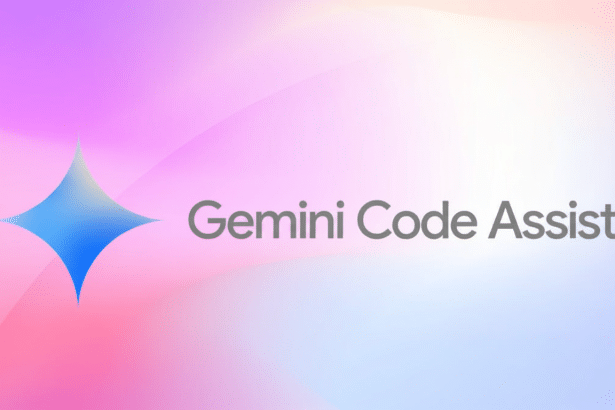 The Gemini Code Assist logo and text on a vibrant , abstract background of pink, purple , and blue gradients , resized to a 16: 9 aspect ratio.