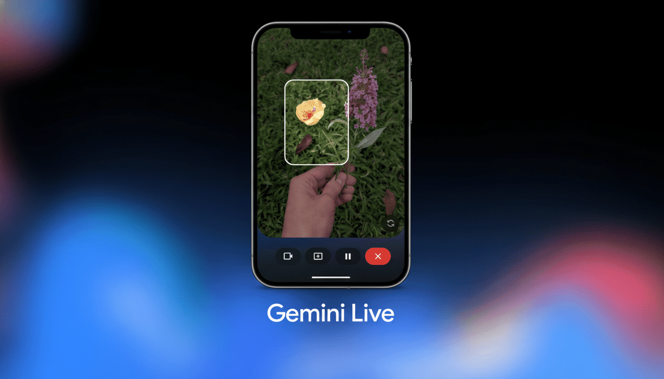 A smartphone displaying a live recording interface , showing a hand holding a yellow flower with green foliage in the background, set against a dark, professionally blurred gradient background with the text Gemini Live .