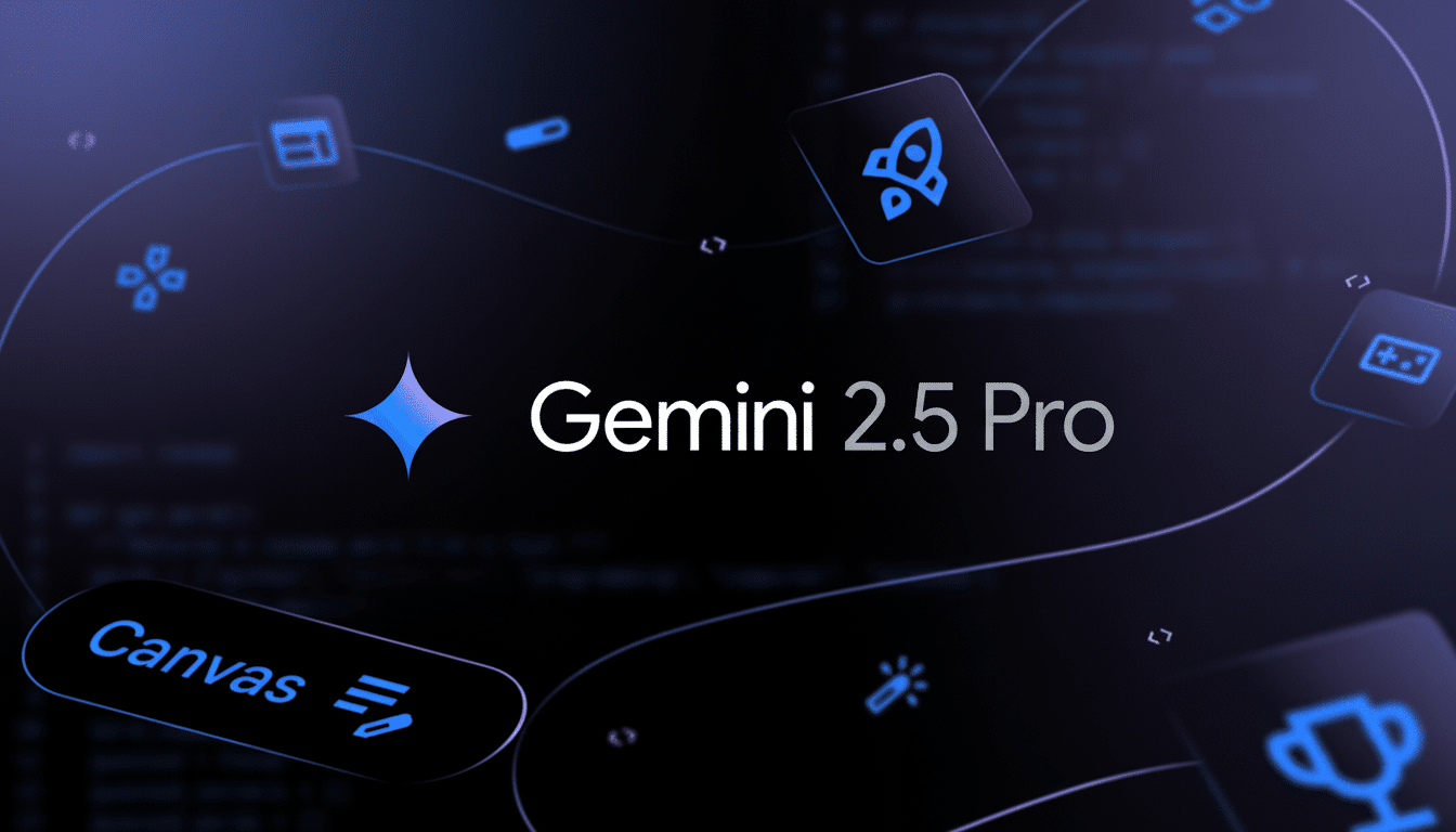 : A widescreen image featuring the Gemini 2.5 Pro logo with a sparkling diamond icon on a dark b