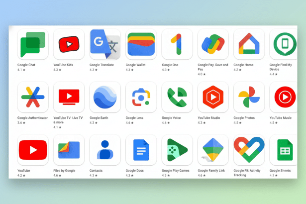 A 16:9 aspect ratio image of Google apps on a professional flat design background with soft patterns and gradients. The apps are arranged in a grid with their names and ratings below them .