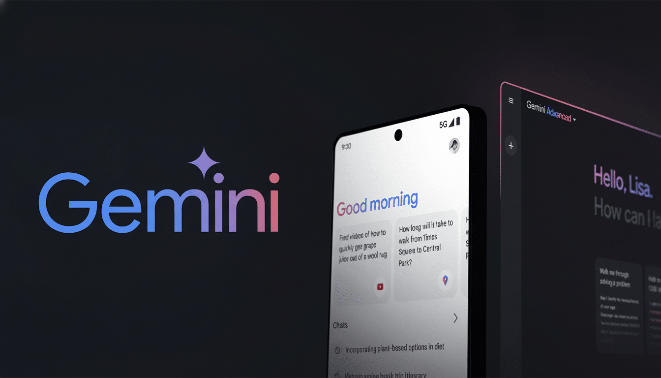 A professional, enhanced image of the Gemini logo next to a smartphone displaying the Gemini app interface, presented in a 16: 9 aspect ratio.