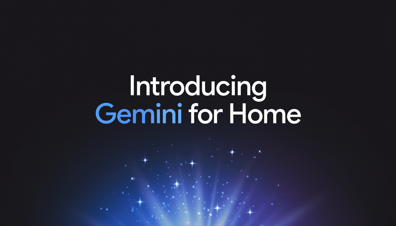 The text Introducing Gemini for Home in white and blue letters against a dark background with blue and purple light effects at the bottom.