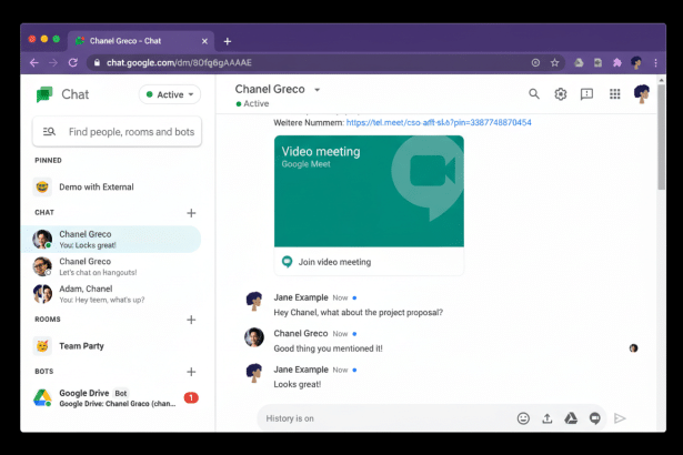 A screenshot of Google Chat interface with an ongoing conversation and a video meeting invitation .
