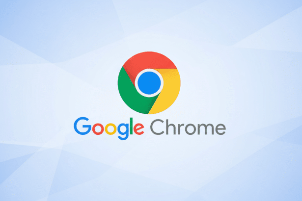 The Google Chrome logo and word mark on a professional, light blue background with subtle geometric patterns.