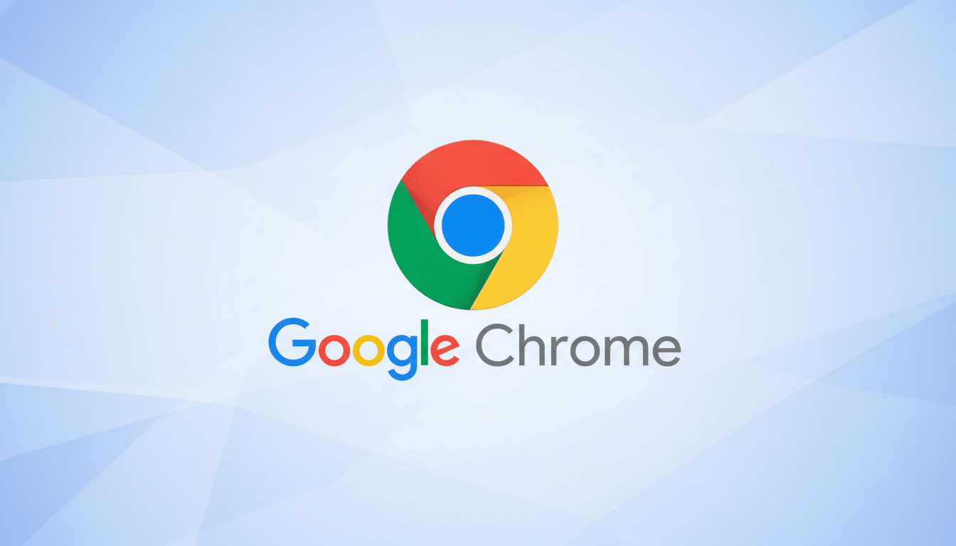 The Google Chrome logo and word mark on a professional, light blue background with subtle geometric patterns.