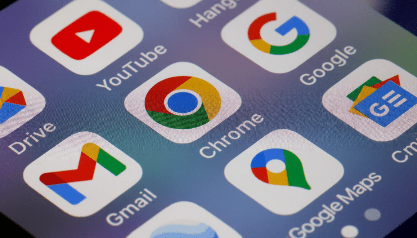 Close -up shot of a smartphone screen displaying various Google application icons, including YouTube , Chrome, Google , Gmail, Drive , and Google Maps, arranged in a grid with a blue - purple blurred background. Filename : googleapp icons1 69. png