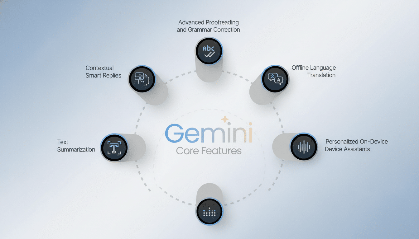 An infographic detailing Gemini's core features, including advanced proofreading, contextual smart replies, offline language translation, personalized on-device assistants , and text summar ization, arranged in a circular diagram on a subtle gradient background. Filename : gemini corefeatures infographic.png