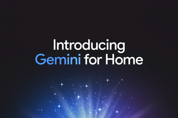 The text Introducing Gemini for Home in white and blue gradient over a dark background with blue and purple light rays and sparkles at the bottom.