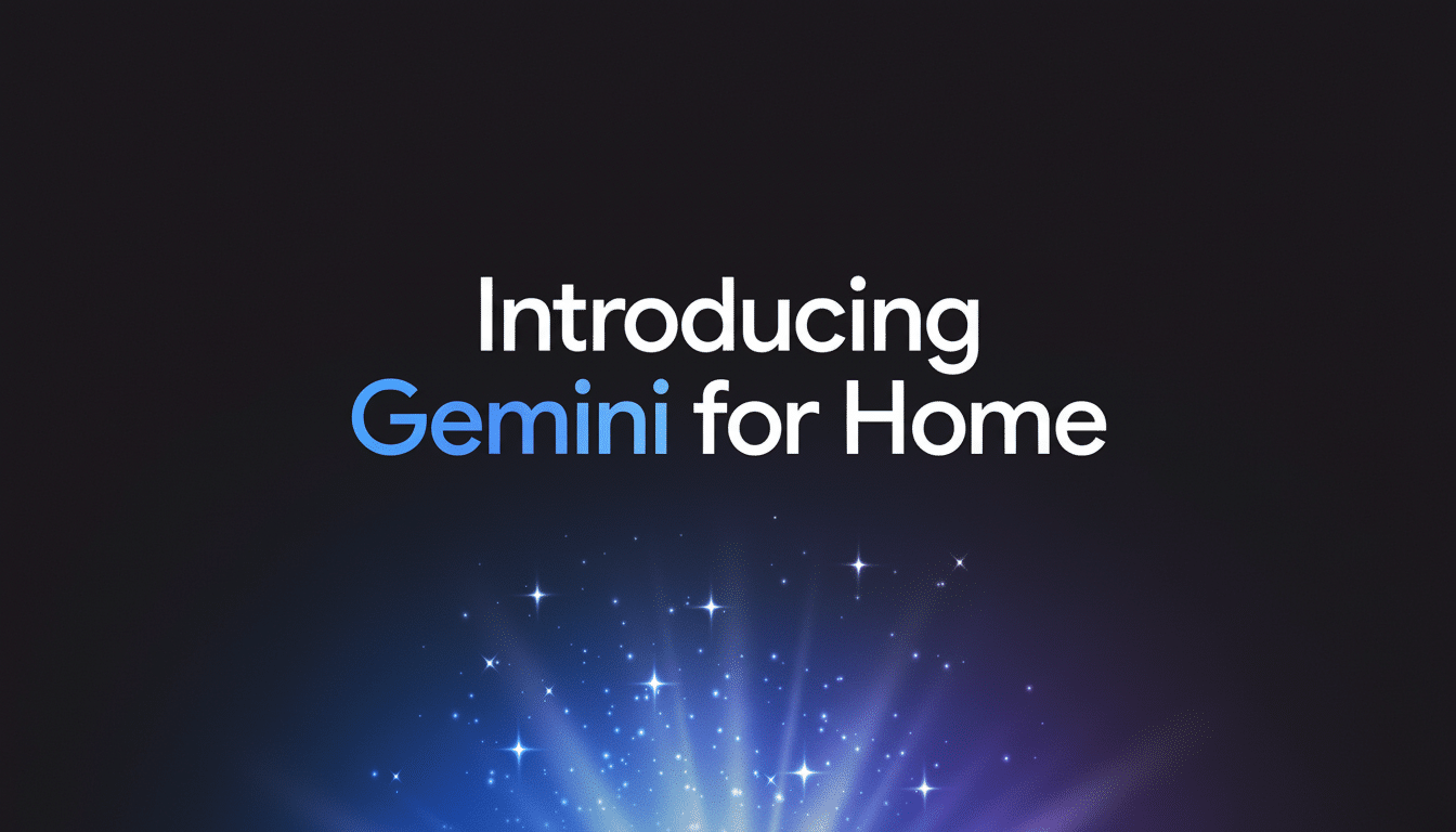 The text Introducing Gemini for Home in white and blue gradient over a dark background with blue and purple light rays and sparkles at the bottom.