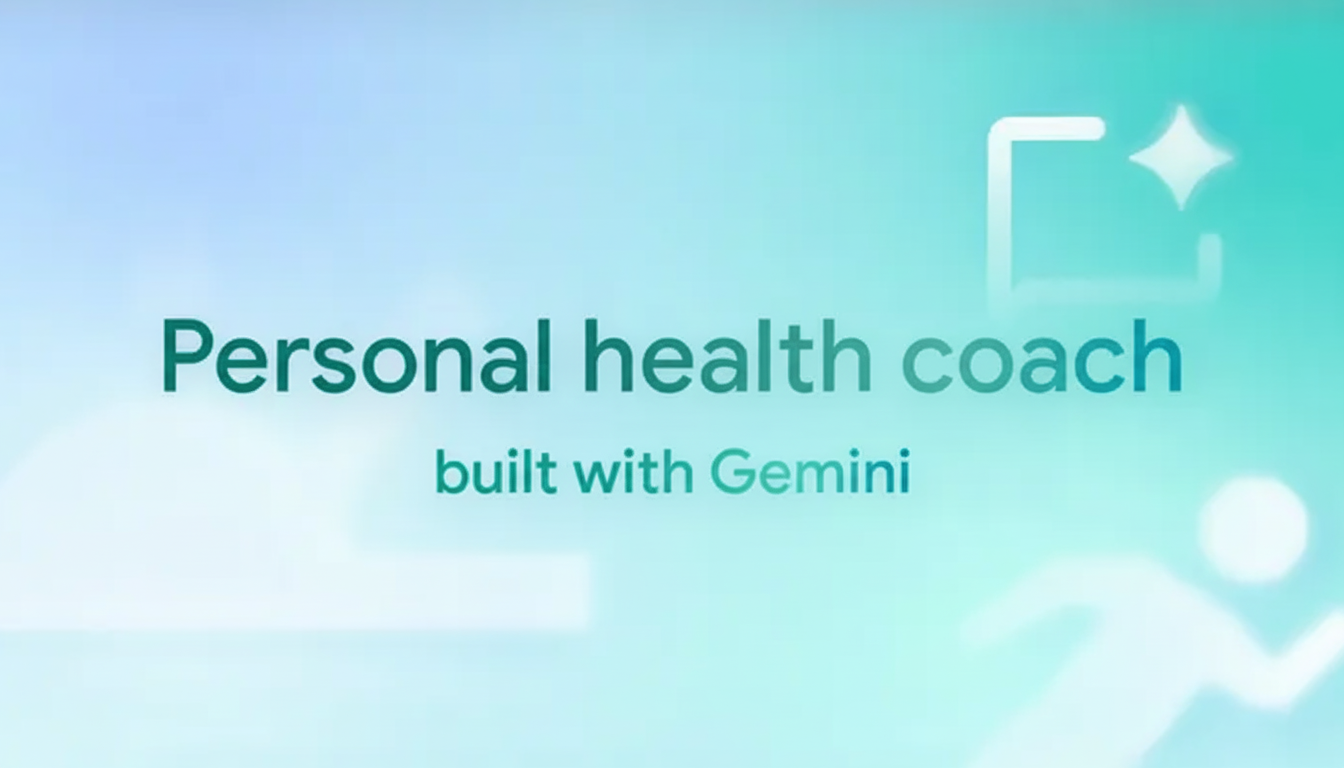 A professional image with a light blue and green gradient background, featuring the text Personal health coach in dark green and built with Gemini in a lighter green. A stylized icon of a screen with a star is in the top right, and a faint outline of a running person is in the bottom right.