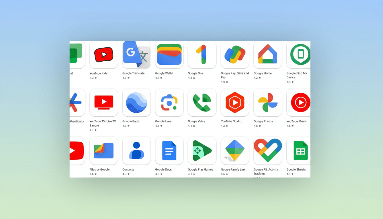 A collage of Google app icons, including Google Chat, YouTube Kids, Google Translate , Google Wallet, Google One, Google Pay, Google Home , and Google Find My Device , arranged in rows on a soft blue and green gradient background .