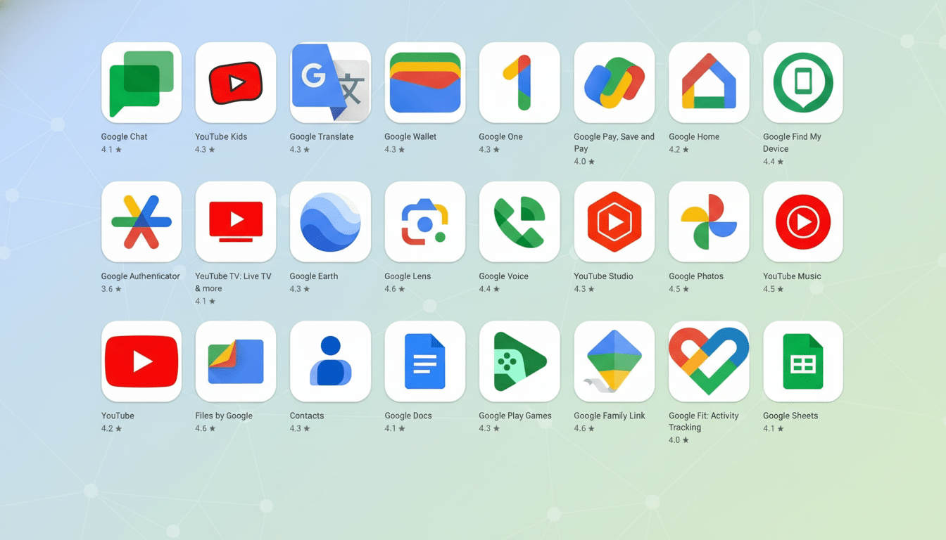 A 16:9 aspect ratio image featuring a grid of Google app icons on a professional flat design background with soft green and blue gradients.