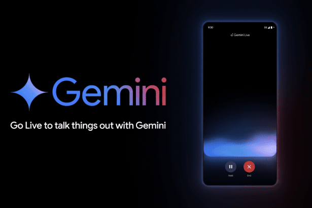 The Gemini logo and text Go Live to talk things out with Gemini next to a smartphone screen displaying Gemini Live with call controls, on a black background. Filename : gemini liveapp professional .png