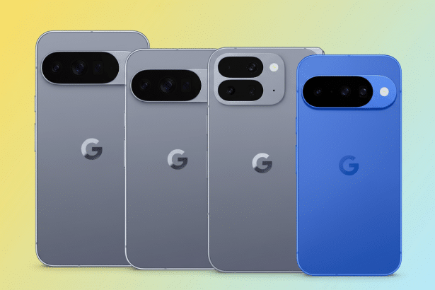 Four Google Pixel phones, three gray and one blue, are shown from the back on a colorful gradient background.