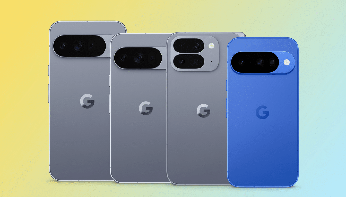 Four Google Pixel phones, three gray and one blue, are shown from the back on a colorful gradient background.