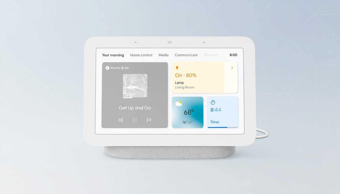 A white Google Nest Hub smart display showing music, smart home controls, weather, and a timer, set against a light blue background with subtle geometric patterns.