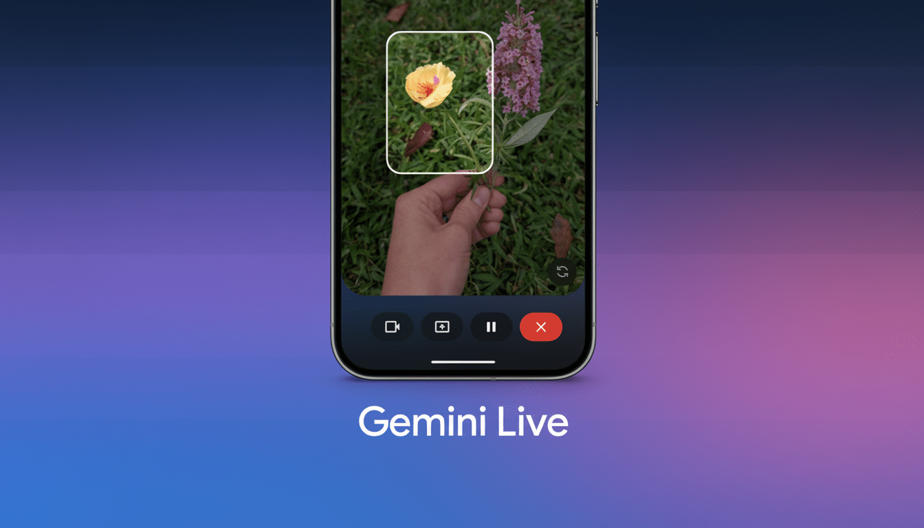 A smartphone displaying a video call on Gemini Live, with a close-up of a hand holding a yellow flower, and another pink flower in the background. The