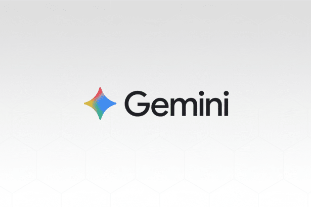 The Gemini logo, featuring a colorful four-pointed star and the word Gemini in black text , set against a light grey background with a subtle hexagonal pattern , in a 1 6:9 aspect ratio.