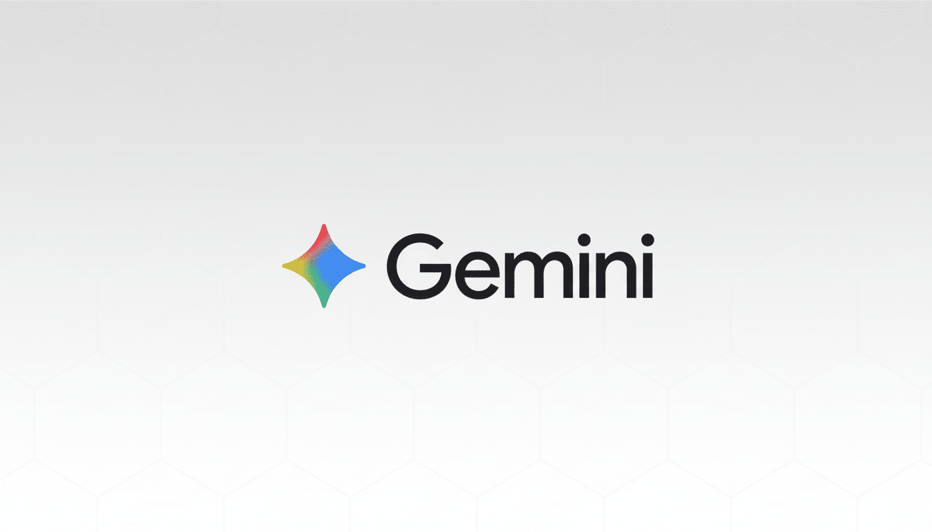 The Gemini logo, featuring a colorful four-pointed star and the word Gemini in black text , set against a light grey background with a subtle hexagonal pattern , in a 1 6:9 aspect ratio.