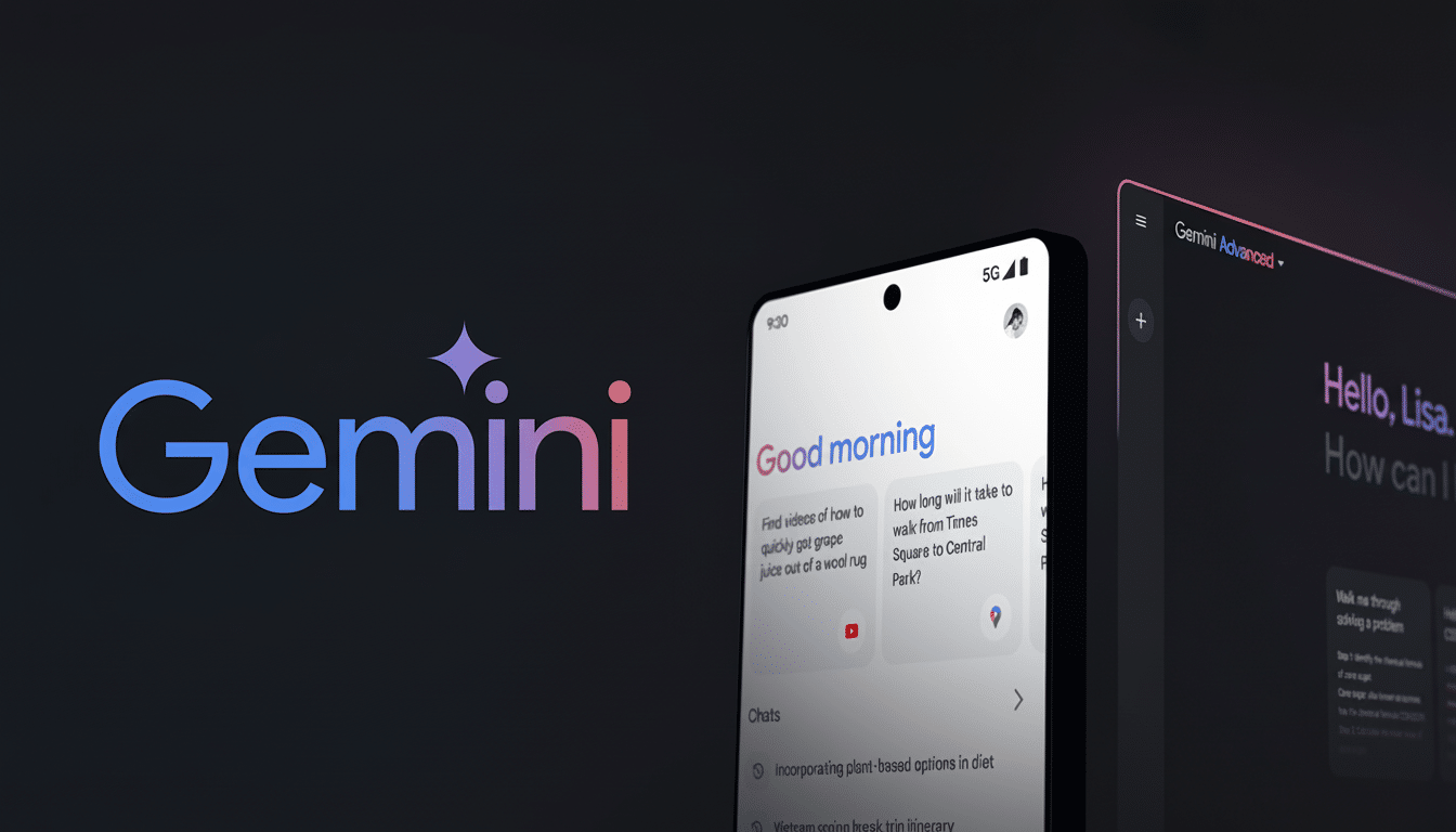The Gemini logo in vibrant blue and pink is displayed on a dark background next to a smartphone showing the Google Gemini Advanced interface.