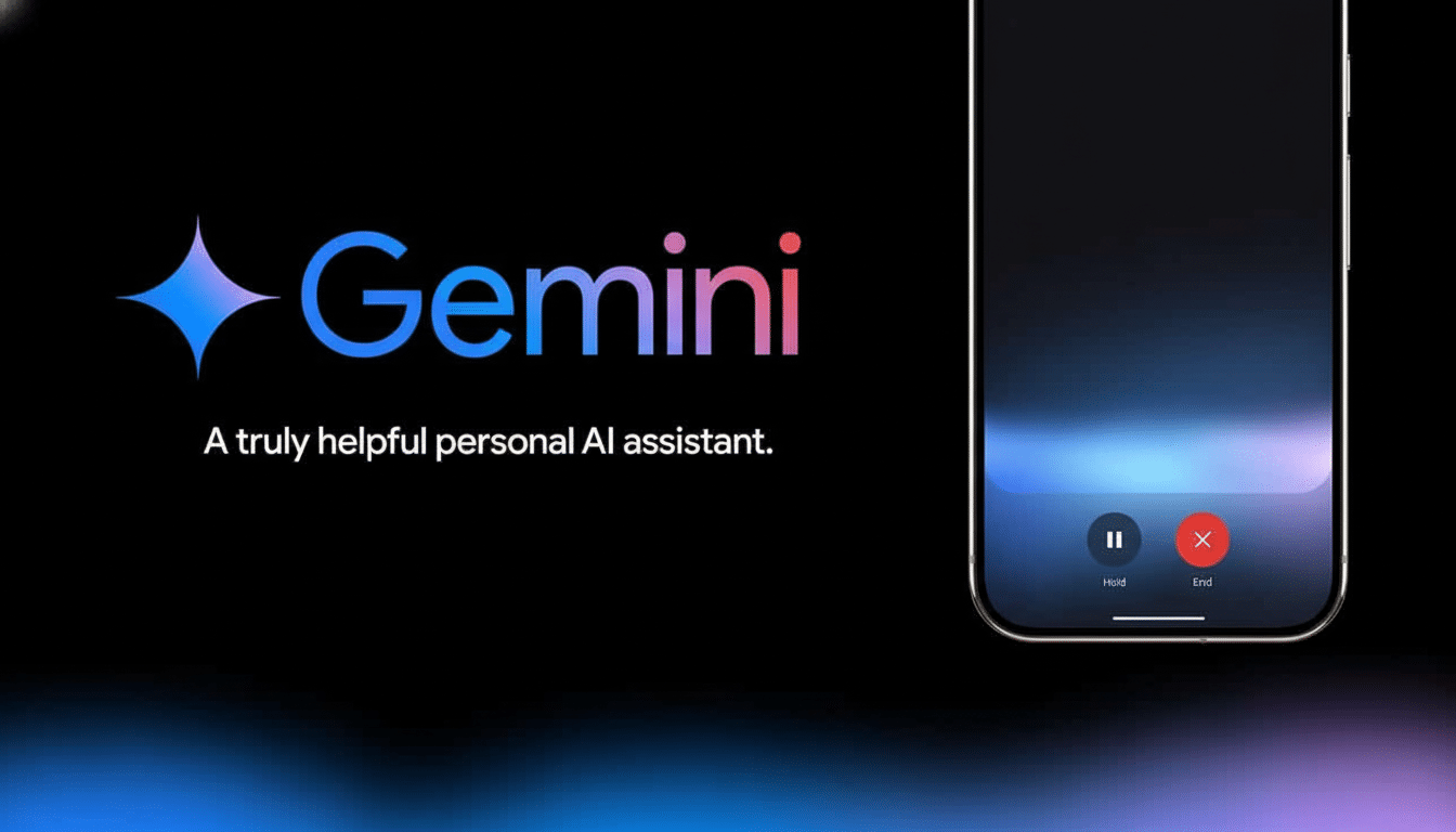 A professional image with the Gemini logo and text A truly helpful personal AI assistant  on the left, next to a smartphone screen on the right showing a call interface with Hold and End buttons , resized to a 1 6:9 aspect ratio. Filename : gemini logosmartphone callinterface .png