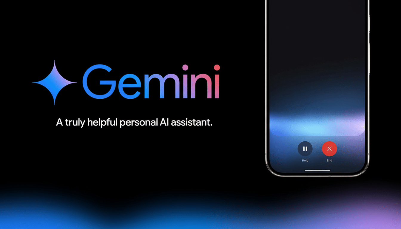 Gemini logo and text A truly helpful personal AI assistant. next to a smartphone displaying an incoming call screen, all set against a black and blue