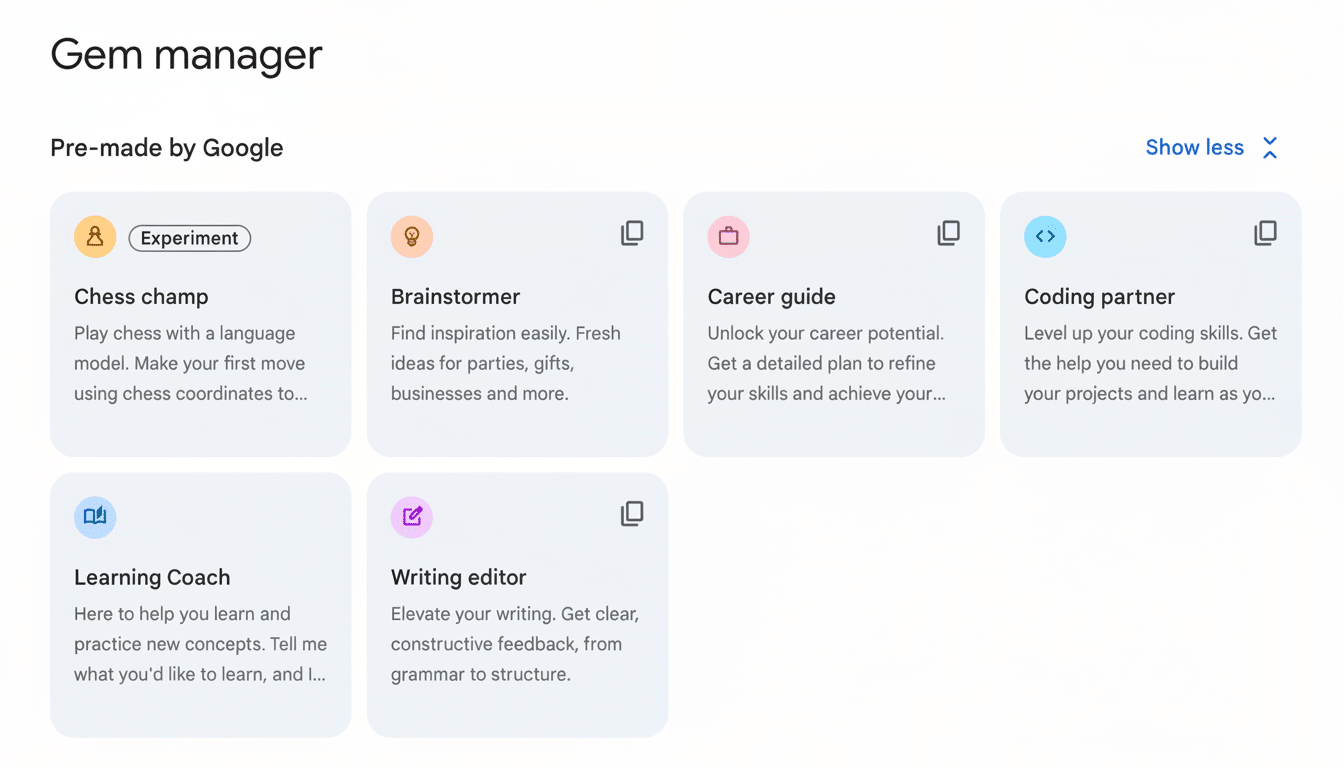 Screenshot of the Gem manager interface from Google, showing various AI - powered tools or  gems like Chess champ, Brainstorm er, Career guide , Coding partner, Learning Coach, and Writing editor, presented in a grid layout . The Brain stormer gem' s icon is highlighted with an orange box .