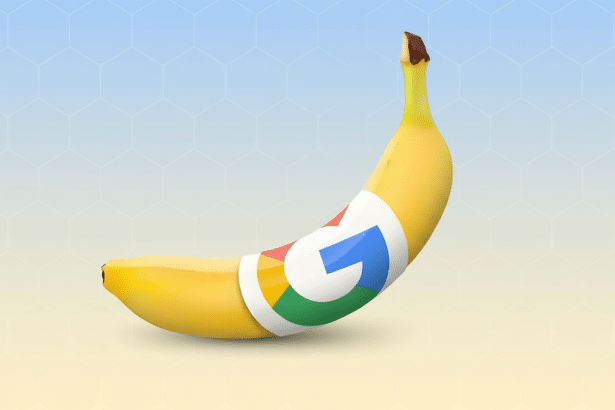 A yellow banana with a Google logo sticker on its peel, set against a professional gradient background with subtle hexagonal patterns.